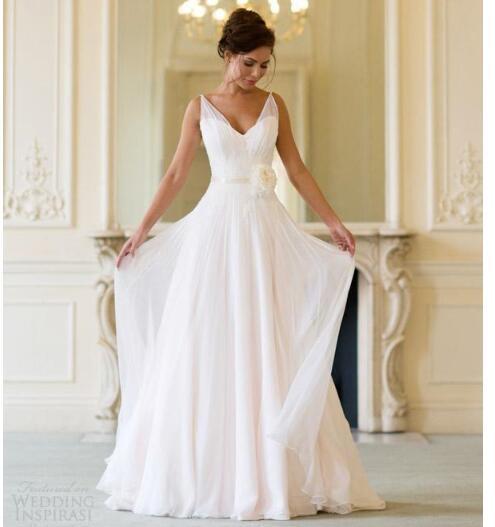 2015 new arrival chiffon flowers v-neck wedding dresses floor length backless summer beach simple bridal gowns in stock cheap price dresses