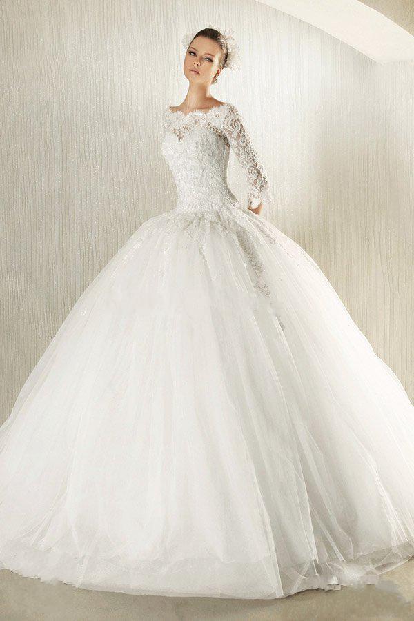 2014 Bateau 3/4 Long Sleeve Beaded Appliques Tulle Sweep Train Winter/Spring/Fall 2013 Empire Ball Gown Wedding Dresses Cathedral/Churc