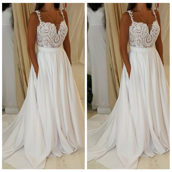 Empire Beach Wedding Dress A Line Spaghetti Sheer Sweep Train Sheer Belt Chiffon Sweep Train Vestido de novia Fall Bridal Wedding Gown