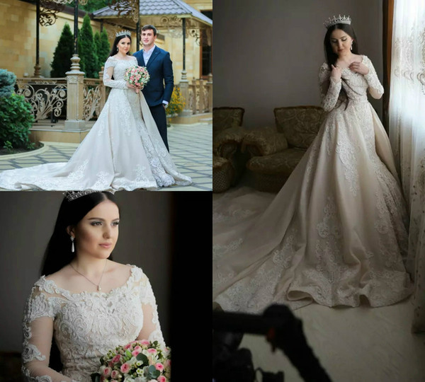 Dubai Arabic Plus Size Wedding Dresses Detachable Train Applique Lace Wedding Gown Long Sleeve Country Bridal Dress