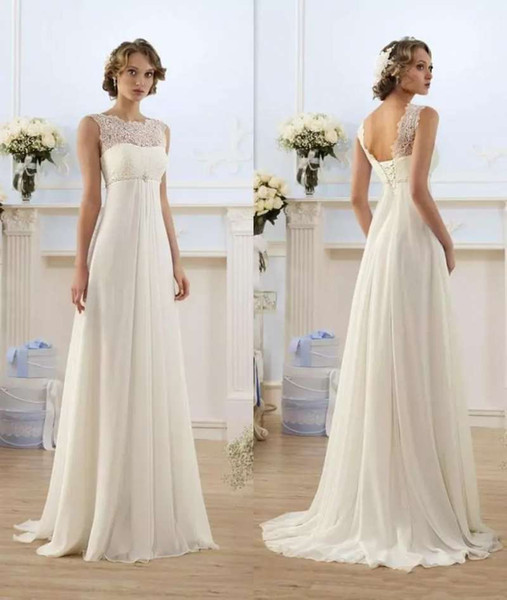 Sexy Lace Dresses Backless Chiffon Bridal Gowns Sweep Train Jewel Sleeveless Lace-Up Applique Dresses Empire Wedding Dresses Custom Made