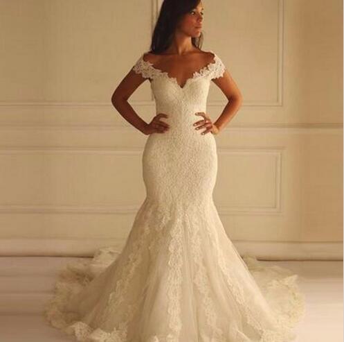 V Neck Lace Mermaid Wedding Dresses Chapel Train Zipper Back Tulle Bridal Off The Shoulder Wedding Gowns