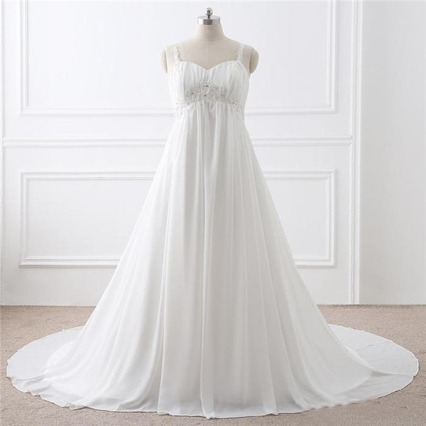 Sexy Beaded Chiffon Plus Size Empire Wedding Dresses Spaghetti Straps Lace Applique Court Train Corset Bridal Gowns