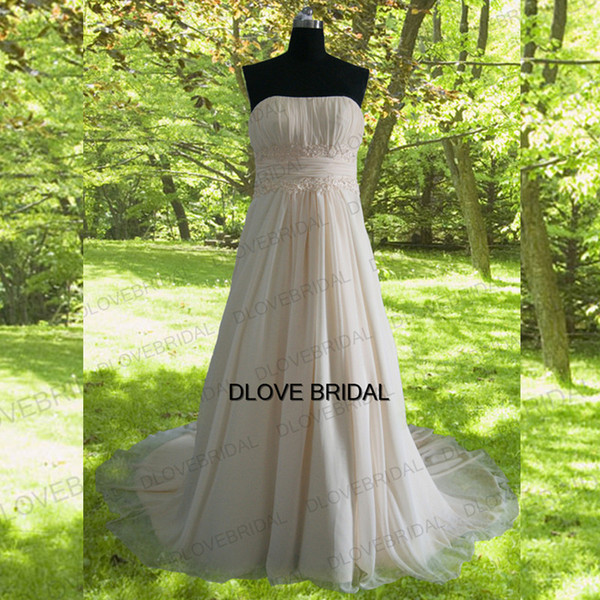 Real Photo Champagne Chiffon Empire Wedding Dress High Quality Strapless Ruched Beaded Lace Appliques Plus Size Beach Gown Vestido de Noivas