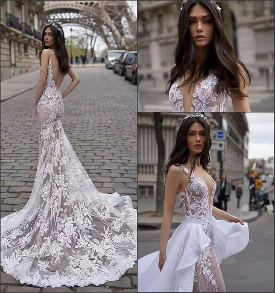 Designer Bohemio Mermaid Wedding Dresses With Detachable Skirt Train Illusion Lace Plugging 3D applique Flower Bridal Gowns Backless Country