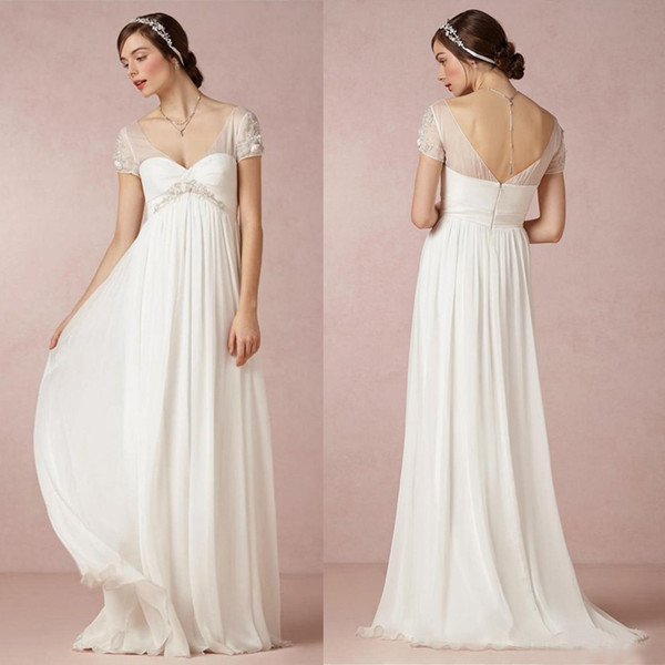 Chic 2016 Simple Chiffon Empire Maternity Wedding Dresses Beach Sexy Sheer Short Sleeve Backless Sweep Train Bridal Gowns Custom EN70218