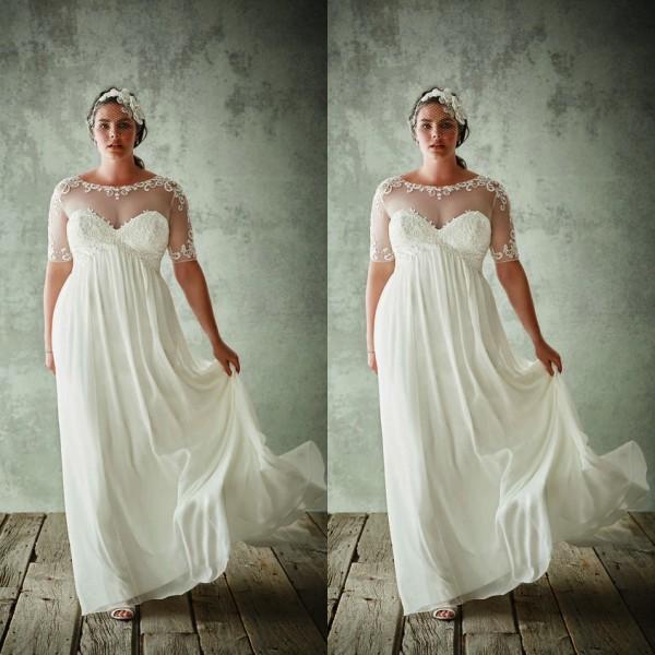 2016 Plus Size Beach Wedding Dresses Empire Sheer Neck Illusion Short Sleeves Lace Appliques Embellishement Chiffon Floor Length Bridal Gown