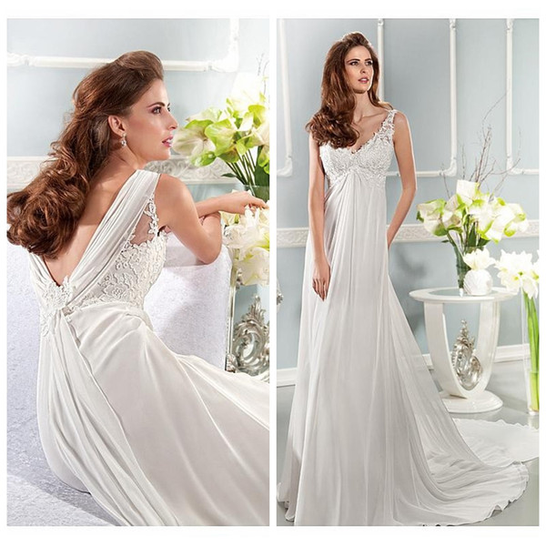 Simple Deep V-neck Chiffon Empire Wedding Dresses Detachable Train Backless Bride Reception Dress Bridal Gown 