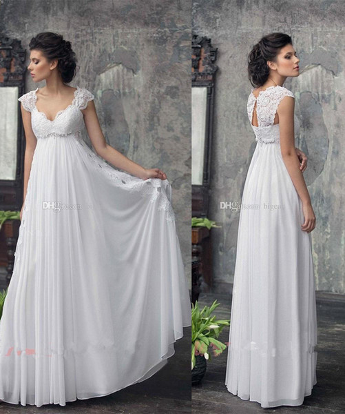 Lace Cap Sleeves Empire Waist Maternity Wedding Dress with Flowy Skirt Floor Length Country Beach Bridal Dress Plus Size