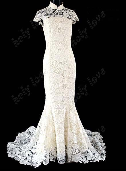 Best Design!!2013 white Exquisite Luxurious high collar lace cheongsam Back hollow out Organza Custom Made wedding dresses