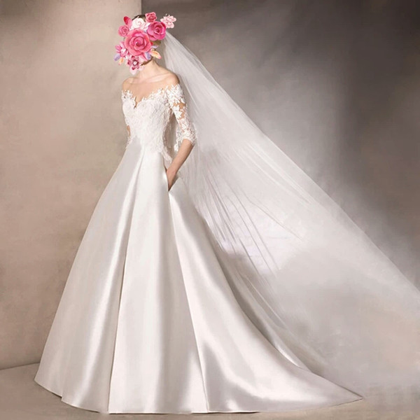 Wedding dress winter new palace trailing French simple satin word shoulder Hepburn wind wedding dress shake sound