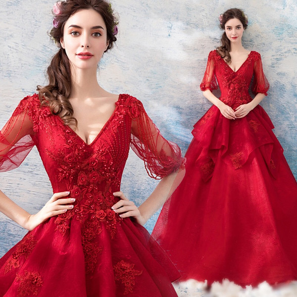 new elegant and elegant big red luxury beaded bride wedding dress wedding toast clothing