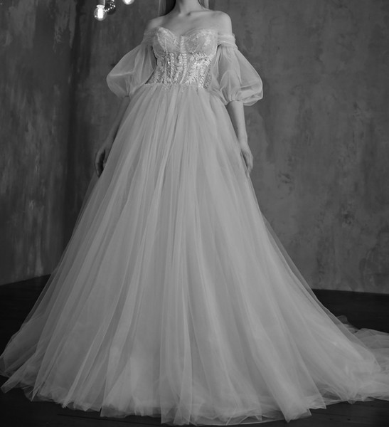 Bride Princess Wedding Dress Vintage Chic Sweetheart Off Shoulder Puff Sleeve Illusion Bodice Tulle Bridal Gown Beach Graceful