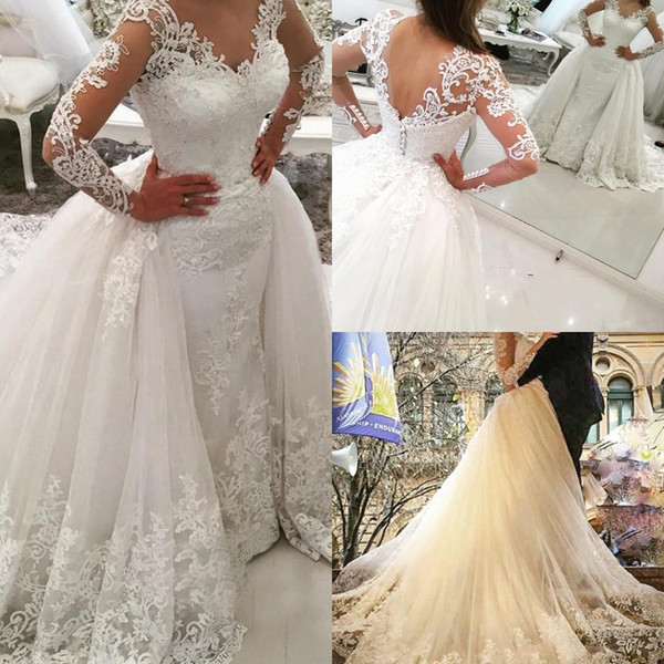 Unique 2017 White Wedding Dresses V-Neck Long Sleeves With Lace Applique Wedding Gowns Sheath With Detachable Overskirt Bridal Gowns New