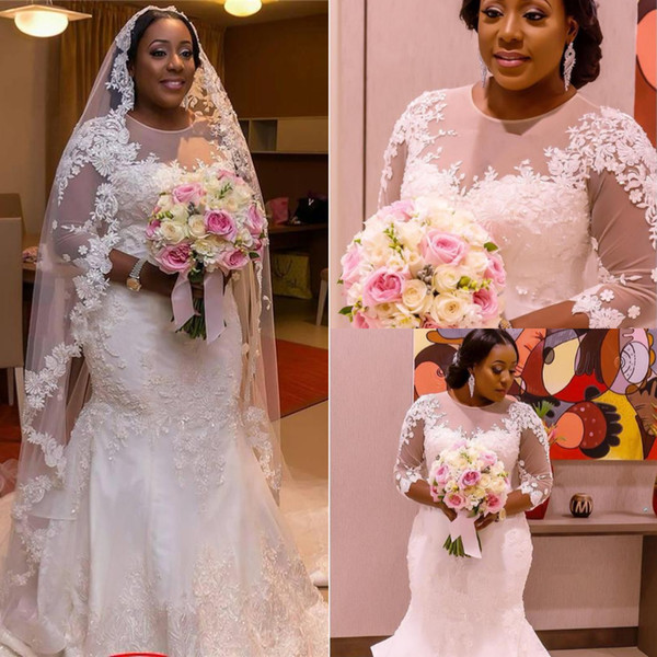 mermaid African Plus Size wedding dresses traditional Nigeria Fashion Sheer Neck Long Sleeves Arabic Wedding Gowns Shape Button Back Best