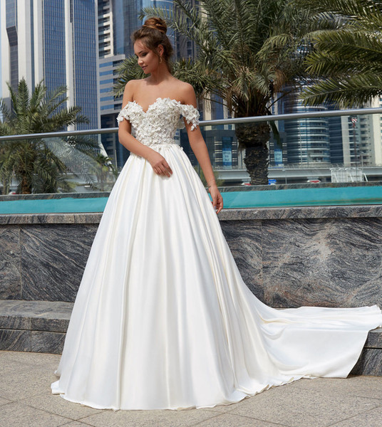 Ball Gown Off Shoulder Sexy Wedding Gowns vestido de novia 3D Flowers Sweetheart Satin Bridal Dress Gown Plus Size