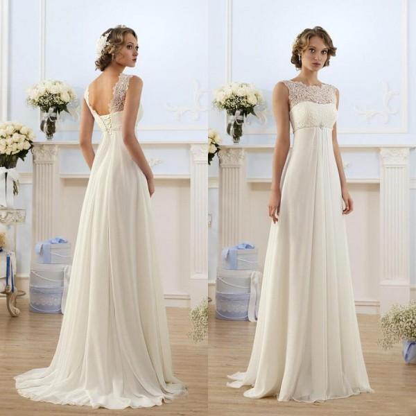 Cheap Empire Waist Wedding Dress 2016 Sheer Jewel Neckline Sleeveless Lace Top Beach Garden Country Style Chiffon Bridal Gowns Beaded Belt