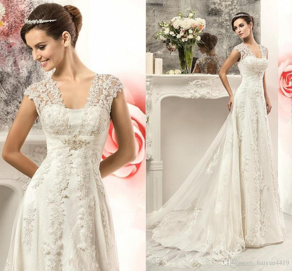 New Modern Empire Wedding Dresses Cap Sleeve Lace Appliques Maternity Pregnant Tulle Long Court Train Plus Size Hollow Back Bridal Gown
