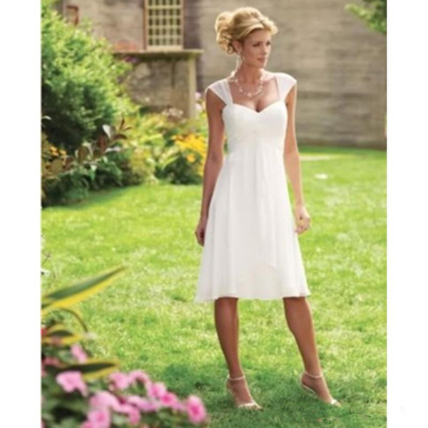 Summer Casual Style Chiffon Wedding Dresses Cap Sleeve Knee Length Empire Waist Simple Design Short Bridal Gowns Custom Made