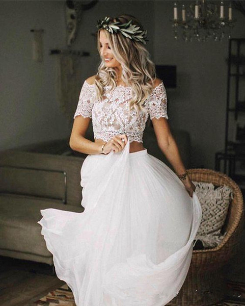 Fashion Bohemian Beach Wedding Dresses Two Pieces Lace Off shoulders Tulle Ruched Hollow Back Boho Wedding Dress Bridal Gowns Cheap