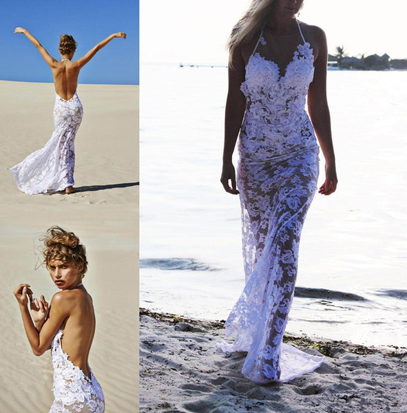 Newest Sexy Style 2017 Beach Illusion Wedding Dresses White Lace Halter Neck Backless Long Sheath Hot Bridal Gowns Custom Made W575