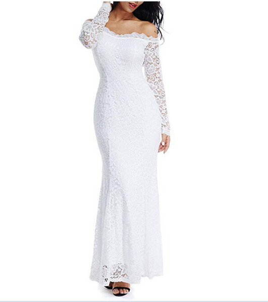 Women's Floral Lace Long Sleeve Off Shoulder Wedding Mermaid Dress Empire Wedding Dresses