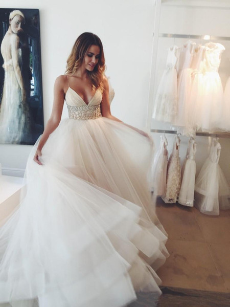 Vestido de novia Empire Wedding Dresses Spaghetti Sleeveless Floor Length Tulle Crystal Belt Elegant Beach Boho Wedding Gowns Bridal Dress