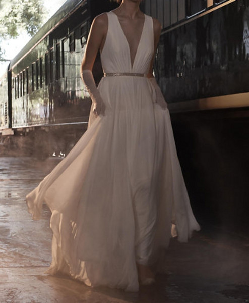 Empire Waist Maxi Wedding Dress Plain Deep Plunge V-Neck Sheer Open Back Ivory Chiffon Simple Bridal Gown