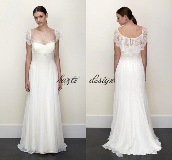 Elegant Empire Waist Boho Wedding Dresses Floor Length Scoop Neckline Chiffon Lace Beach Maternity garden Bridal Gowns