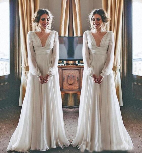 Best Selling Boho Wedding Dress Long Sleeve Modest V Neck Chiffon Empire Maternity Women Bridal Gowns Greek Style