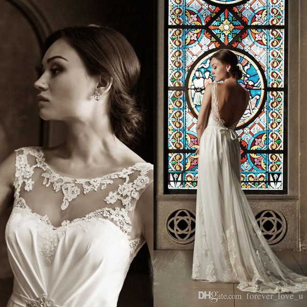 Sexy Beach Wedding Dresses A Line Country Backless Lace Appliques Sheer Neck Sleeveless Bohemian Bridal Gowns with Sash Sweep Train