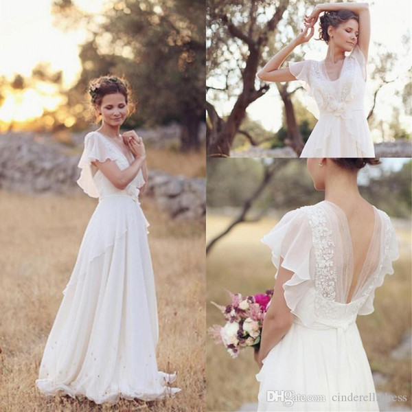 Modest Beach V Neck Cap Sleeves Wedding Dresses Ruffles Lace Applique Vestidos De Novia Pregnant Custom Made Bridal Gowns