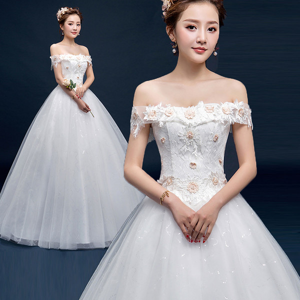 3D Floral Appliques Fashion Luxury Brand Off-Shoulder Lace Slim Sleeveless Floor-Length Bride Gown Wedding Dress in Castle