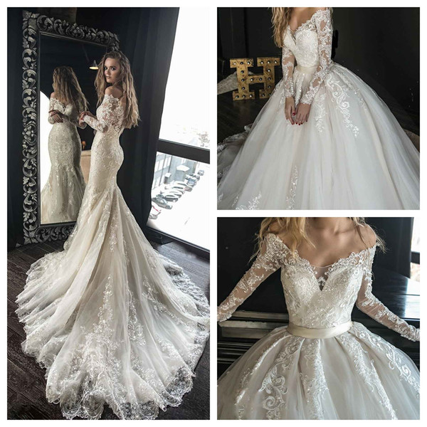 Luxury Mermaid Wedding Dresses vestido de novia Sweetheart Neck Illusion Long Sleeve Sweep Train Sashes Applique Lace Bridal Gowns