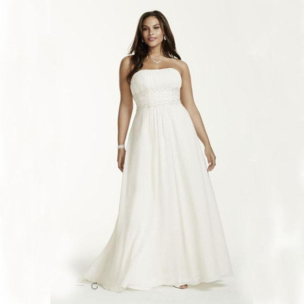 Plus Size Chiffon Empire Wedding Dresses Simple Style Sweep Train Pleats Beads Strapless A-Line Beach Bridal Gowns Robe De Mariage W710