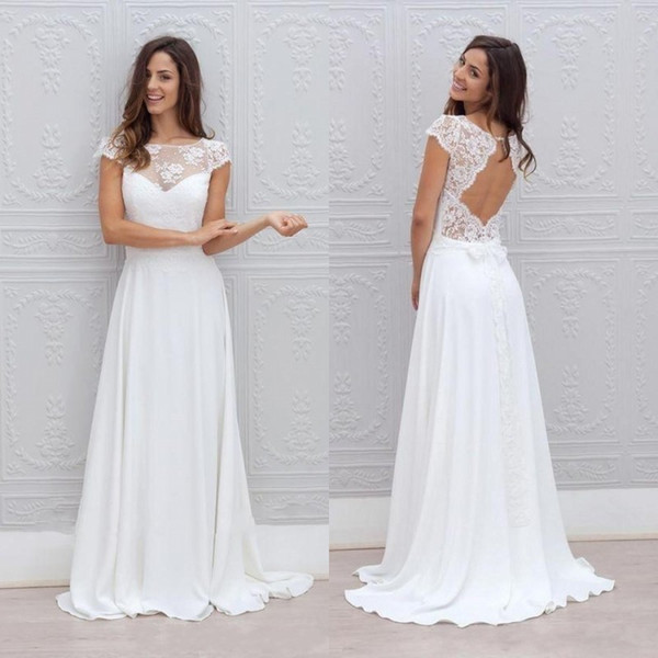 2017 Beach Bohemian Wedding Dresses Illusion Neckline Capped Sleeves Empire Backless White Lace and Chiffon Flowy Sexy Cheap Bridal Gowns