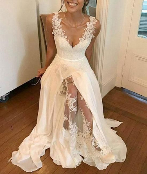 Modest Beach Side Slit Lace Wedding Dresses V neck Chiffon Applique Beach Summer Style Cheap Vestiod De Wedding Bridal Gowns