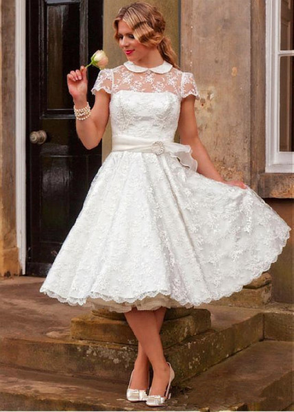 Princess 1950's Vintage Wedding Dresses New Short Sleeve Lace Sash Transparent Bridal Gowns Appliques Custom Made Hollow Tea Length Romantic