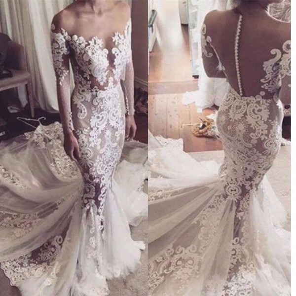 Mermaid Off Shoulders Wedding Dresses With Sleeves For Bride Lace Covered Back Sweep Train Tulle Appliqued Wedding Dress Bridal Gowns