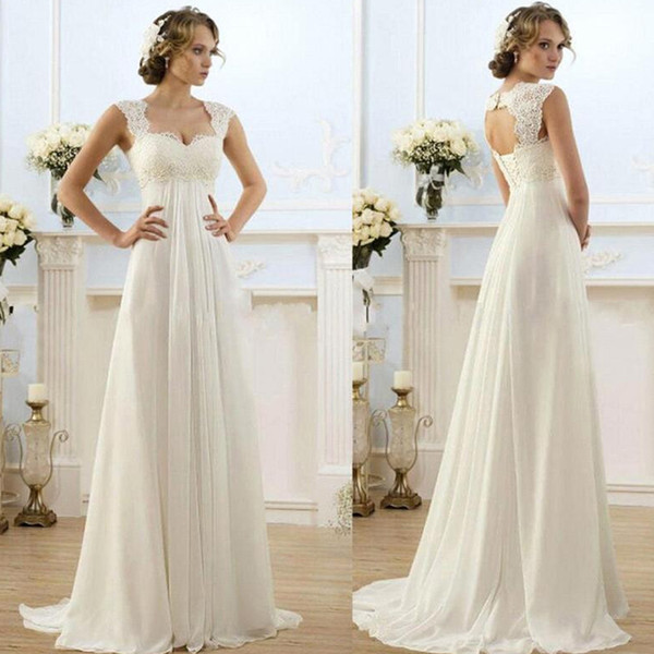 2017 New Romantic Beach A-line Wedding Dresses Cheap Maternity Cap Sleeve Keyhole Lace Up Open Back Chiffon Summer Pregnant Bridal Gowns