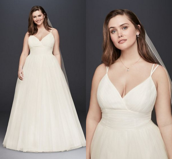 Ball Gown Spaghetti Strap Open V Neck Pleated Wedding Dress Plus Size Bridal Gown Sweep Train ADPW010