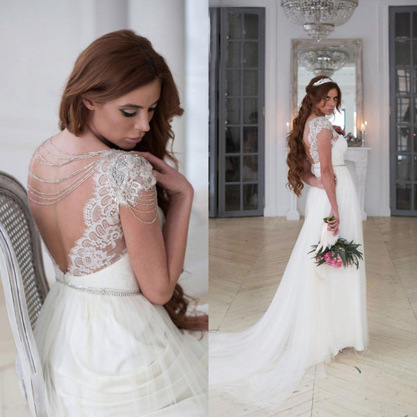 2017 Sexy Backless Country Wedding Dress Sheer Neck Beading Embellished Lace Appliques Top Tulle Bohemian Bridal Gowns Sweep Train LS