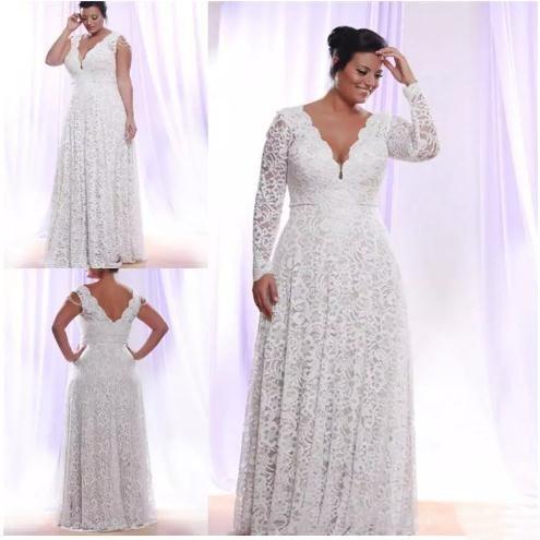 Cheap Full Lace Plus Size Wedding Dresses With Removable Long Sleeves Deep v Neck Bridal Gowns Floor Length Wedding Dress Customized Size