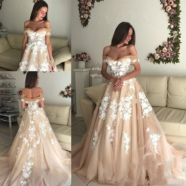 Empire Waist Off-the-Shoulder Long Champagne Wedding Dresses Long Tulle Lace-Up Bridal Gowns Plus Size Custom Made Bridal Gown BC1061