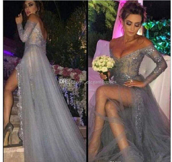 2015 New Fashion Long Sleeves Dresses Party A Line Off Shoulder High Slit Vintage Lace Grey parte Dresses Long Chiffon Formal Gowns