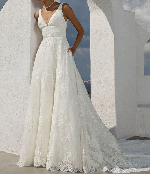 Full Lace Empire Wedding Dress V-Neck A-Line Gown with High Waist Backless Ivory Dresses for Bride 