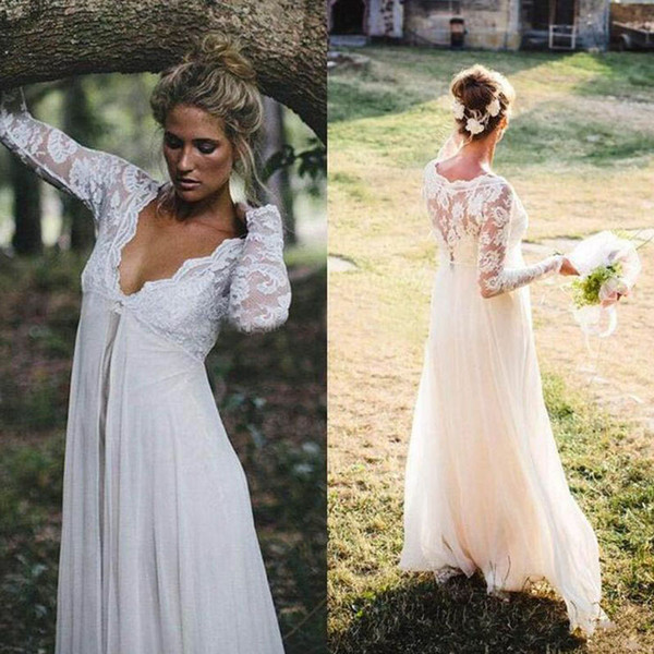 2016 Gorgeous Empire Waist Lace Chiffon Wedding Dresses Cheap High Quality Illusioin Long Sleeves Bridal Gowns for Maternity Pregnant Brides