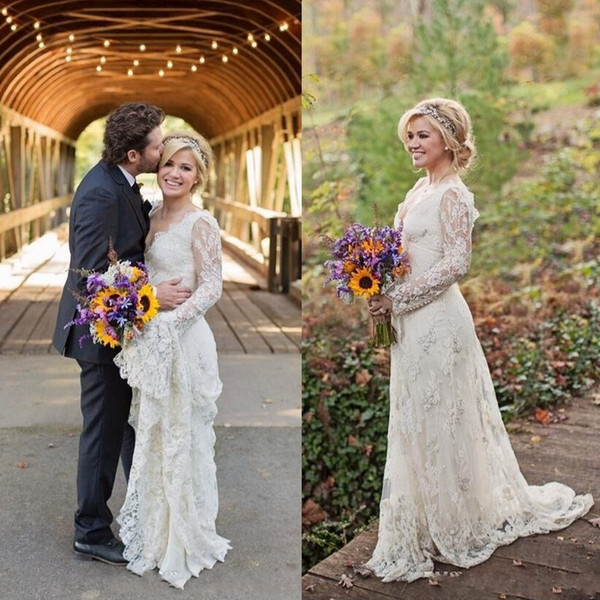 Stunning Kelly Clarkson Country Wedding Dresses Spring Long Sleeves Beaded Bohemian Lace Wedding Dresses Plus Size Bridal Gowns BA3042