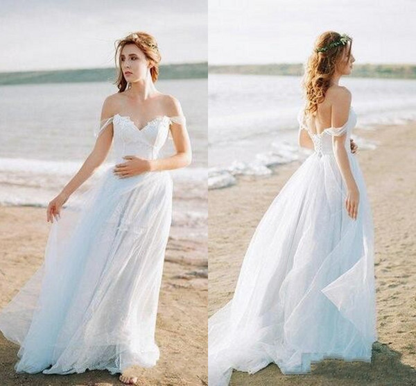 Fashion Boho Beach Summer Wedding Dresses Bridal Gowns Off the shoulder Tulle Backless Lace Applique Wedding Bridal Gowns Cheap vestidos De