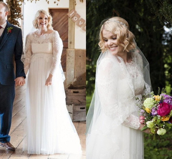Long Sleeve Pregnant Maternity Wedding Dresses 2017 Bateau Neck Empire Waist Lace Tulle Long Bridal Gowns Custom Size